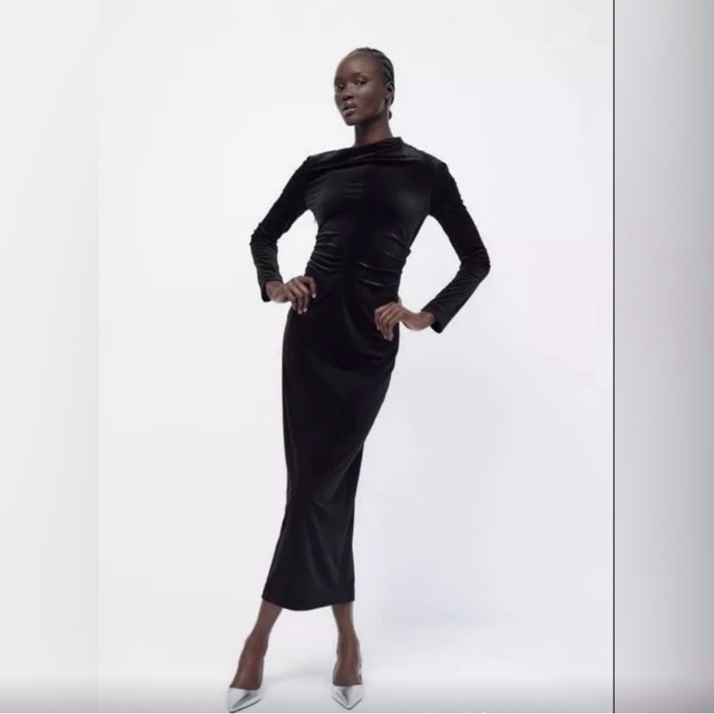 Zara black draped velvet dress NWT
